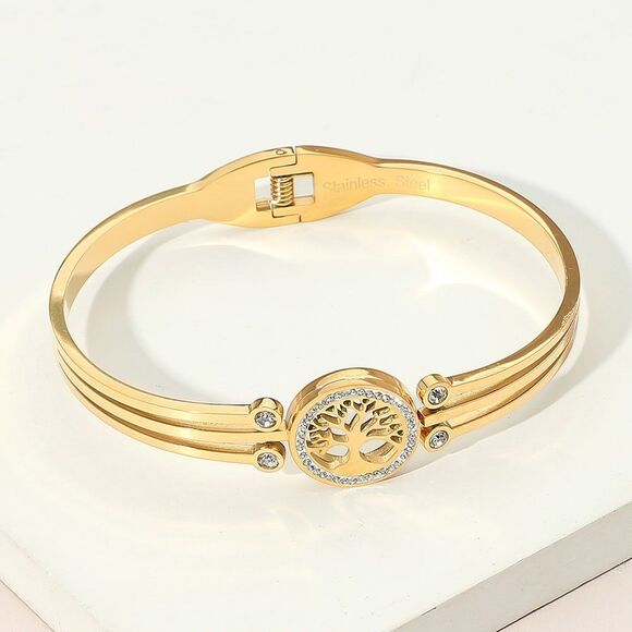 2pc Tree of Life Bangle Set CZ Accent Stainless Steel Gold Silver Tone Jewelry - Picture 5 of 5